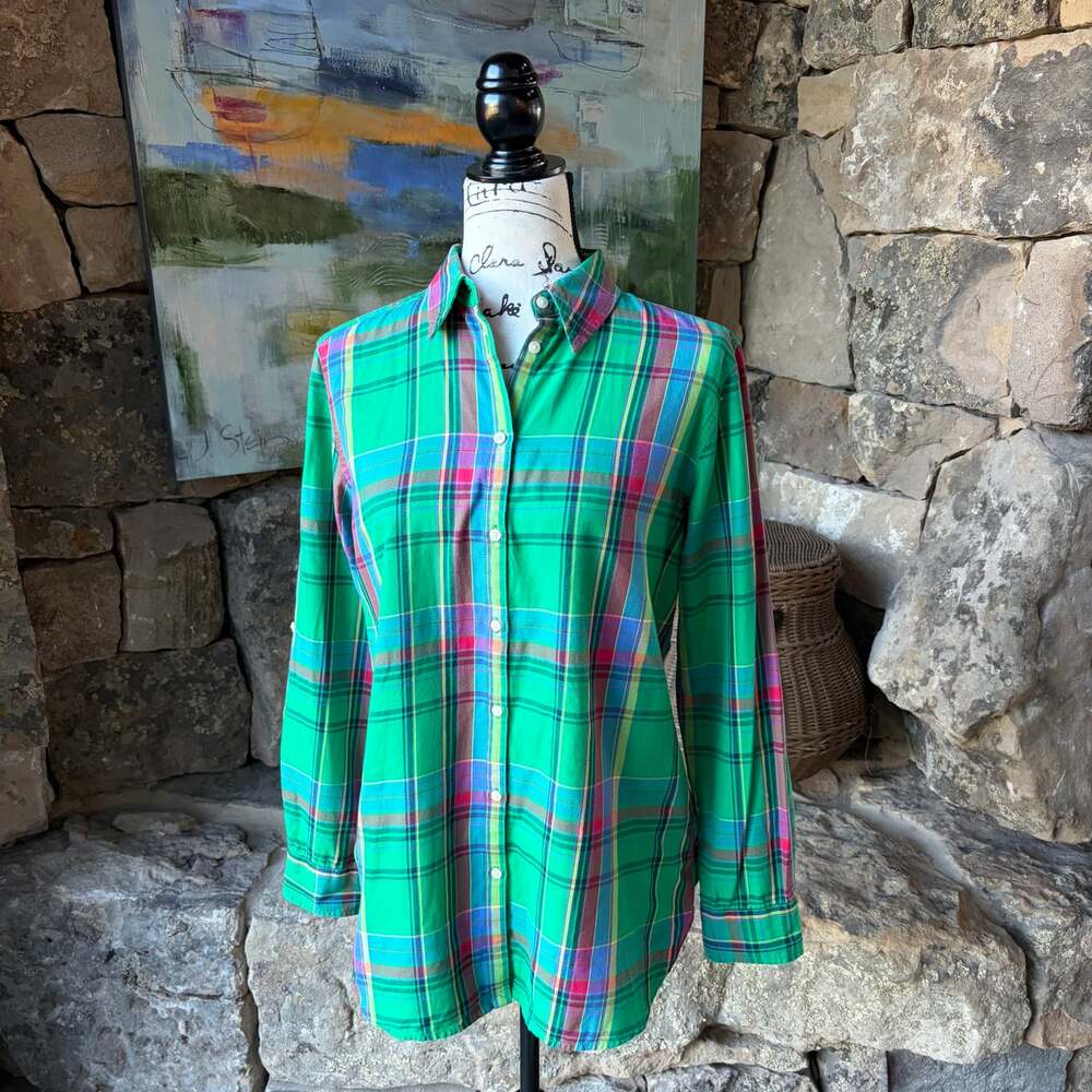 Lauren Ralph Lauren Women’s Medium Green Plaid Button Down Shirt Preppy Tartan